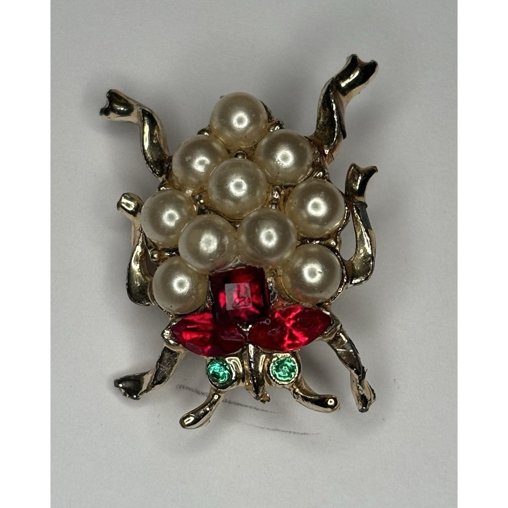Vintage Lady Bug Brooch Beetle Pin Faux Pearl Red Rhinestones Green Eyes